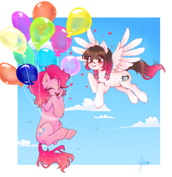 Size: 1810x1860 | Tagged: safe, artist:julie, derpibooru import, pinkie pie, oc, oc:arwencuack, earth pony, pegasus, advertisement, balloon, commission, commission info, cute, eyes closed, floating, flying, heart, heart eyes, open mouth, solo, then watch her balloons lift her up to the sky, wingding eyes