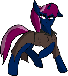 Size: 1163x1292 | Tagged: safe, artist:steelstroke, derpibooru import, oc, oc only, oc:black powder, unicorn, fallout equestria, clothes, one ear down, simple background, solo, transparent background, we don't normally wear clothes