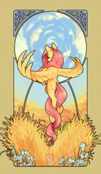 Size: 2320x3970 | Tagged: safe, artist:isaspsp, artist:laps-sp, derpibooru import, fluttershy, pegasus, pony, female, flying, from behind, mare, modern art, nouveau, sky, solo, spread wings, wings