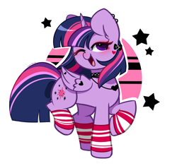 Size: 3032x2851 | Tagged: safe, artist:kittyrosie, derpibooru import, twilight sparkle, twilight sparkle (alicorn), alicorn, pony, clothes, cute, female, goth, jewelry, looking at you, mare, necklace, one eye closed, open mouth, open smile, simple background, smiling, smiling at you, socks, twiabetes, white background, white outline, wink, winking at you