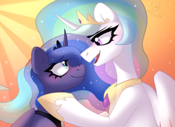 Size: 2160x1567 | Tagged: safe, artist:rtootb, derpibooru import, princess celestia, princess luna, alicorn, pony, blue eyes, blue mane, blushing, comforting, crown, digital art, duo, duo female, ethereal mane, eyelashes, feather, female, flowing mane, folded wings, gem, high res, hoof shoes, horn, incest, jewelry, lesbian, lidded eyes, looking at each other, looking at someone, mare, open mouth, open smile, orange background, pink eyes, princest, regalia, royal sisters, shipping, siblings, simple background, sisters, smiling, smiling at each other, starry mane, sunlight, wings