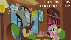 Size: 2000x1125 | Tagged: safe, derpibooru import, edit, edited screencap, editor:quoterific, screencap, discord, fluttershy, draconequus, pegasus, pony, discordant harmony, duo, female, fluttershy's cottage, male, mare