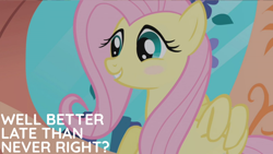 Size: 2000x1125 | Tagged: safe, derpibooru import, edit, edited screencap, editor:quoterific, screencap, fluttershy, pegasus, pony, the ticket master, blushing, female, mare, solo