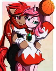 Size: 1446x1814 | Tagged: safe, artist:pridark, derpibooru import, oc, oc only, oc:blitz drive, oc:diamond stellar, earth pony, semi-anthro, unicorn, basketball, clothes, commission, duo, female, final fantasy, hoodie, male, oc x oc, scarf, shipping, simple background, sports, straight, white mage