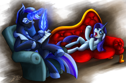 Size: 1250x827 | Tagged: safe, artist:jamescorck, derpibooru import, princess luna, rarity, alicorn, pony, unicorn, chair, clipboard, crossed legs, crying, fainting couch, glasses, glowing, glowing horn, horn, makeup, marshmelodrama, quill, rarity being rarity, running makeup, simple background, sitting, the worst possible thing, therapist, transparent background, unshorn fetlocks