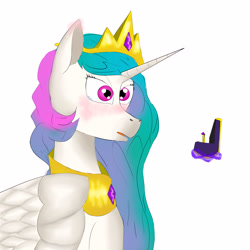 Size: 3000x3000 | Tagged: safe, artist:sh4deshad0w41, derpibooru import, princess celestia, alicorn, blushing, crying, ear blush, implied king sombra, implied shipping, jewelry, looking at someone, magic, regalia, ring, shocked, shocked expression, shocked eyes, simple background, solo, sparkly eyes, telekinesis, white background, wingding eyes