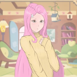 Size: 2000x2000 | Tagged: safe, artist:theapplequeen1, derpibooru import, fluttershy, human, clothes, fluttershy's cottage, humanized, sweater, sweatershy