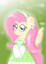 Size: 2550x3509 | Tagged: safe, artist:sparkfler85, derpibooru exclusive, derpibooru import, fluttershy, pegasus, pony, beautiful, clothes, cute, dress, female, flower, flower in hair, gloves, headband, mare, shyabetes, simple background, solo