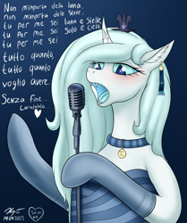 Size: 1993x2388 | Tagged: safe, artist:xyi, derpibooru import, oc, oc only, oc:grazia, changeling, collar, crown, ear piercing, earring, ice changeling, italian, jewelry, microphone, piercing, regalia, singing