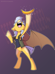 Size: 1703x2307 | Tagged: safe, artist:yarugreat, derpibooru import, oc, bat pony, pony, banana, bipedal, clothes, eeee, food, solo, spread wings, wings, yelling