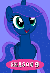 Size: 680x1000 | Tagged: safe, artist:laszlvfx, derpibooru import, princess luna, alicorn, pony, season 9, spoiler:s09, female, folded wings, front view, horn, mare, open mouth, open smile, plex, poster, simple background, smiling, solo, standing, tail, wings