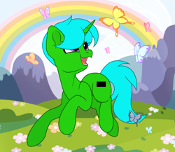 Size: 2295x1989 | Tagged: safe, artist:olivi, derpibooru import, oc, oc:green byte, butterfly, pony, unicorn, commission, horn, male, rainbow, stallion, unicorn oc, ych result