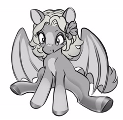 Size: 2541x2473 | Tagged: safe, artist:opalacorn, derpibooru import, oc, oc only, bat pony, pony, bat pony oc, black and white, blaze (coat marking), coat markings, facial markings, female, flower, flower in hair, grayscale, mare, monochrome, simple background, sitting, smiling, solo, white background