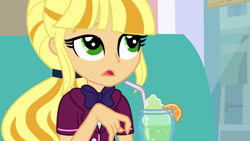 Size: 1366x768 | Tagged: safe, artist:sarahalen, derpibooru import, applejack, orange slice, dance magic, equestria girls, spoiler:eqg specials, alternate hairstyle, alternate universe, clothes, crystal prep, crystal prep academy uniform, drink, drinking straw, food, orange, school uniform, straw