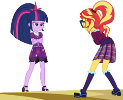 Size: 846x690 | Tagged: safe, artist:sarahalen, derpibooru import, sunset shimmer, twilight sparkle, equestria girls, alternate hairstyle, alternate universe, clothes, crystal prep academy uniform, glasses, ponytail, role reversal, school uniform, simple background, white background