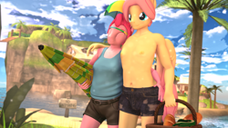 Size: 3840x2160 | Tagged: safe, artist:silkworm205, derpibooru import, part of a set, bubble berry, butterscotch, fluttershy, pinkie pie, anthro, earth pony, pegasus, 3d, 4k, basket, beach, beach umbrella, berryscotch, blushing, bread, carrying, clothes, colored eyebrows, colored wings, colored wingtips, duo, duo male, ears, explicit source, eyes closed, floppy ears, flutterpie, fluttershy day, folded wings, food, gay, hand on hip, hand on shoulder, hat, high res, island, male, male nipples, nipples, nudity, palm tree, partial nudity, picnic basket, r63 shipping, rule 63, shipping, shirt, shorts, source filmmaker, tallershy, topless, tree, umbrella hat, wings