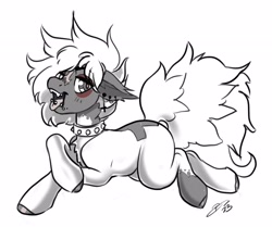 Size: 4096x3424 | Tagged: safe, artist:opalacorn, derpibooru import, oc, oc only, pony, unicorn, black and white, chest fluff, choker, crossed hooves, ear piercing, earring, grayscale, jewelry, lying down, male, monochrome, open mouth, open smile, partial color, piercing, prone, simple background, smiling, solo, sploot, stallion, studded choker, tongue, tongue out, tongue piercing, white background