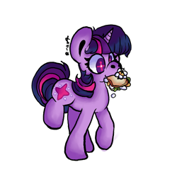 Size: 2000x2000 | Tagged: safe, artist:chronomel, derpibooru import, twilight sparkle, unicorn twilight, pony, unicorn, daffodil and daisy sandwich, female, food, high res, mare, mouth hold, sandwich, simple background, solo, white background