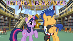 Size: 2064x1163 | Tagged: safe, artist:alandssparkle, artist:chainchomp2 edits, artist:not-yet-a-brony, derpibooru import, flash sentry, twilight sparkle, twilight sparkle (alicorn), alicorn, pegasus, 2023, april, bookshelf, canterlot, canterlot high, clothes, computer, crown, cutie mark on clothes, duo, equestria girls outfit, female, flashlight, friends, friendship, jewelry, library, male, mare, national library week, one eye closed, regalia, shipping, shirt, smiling, stallion, straight, tiara, wink