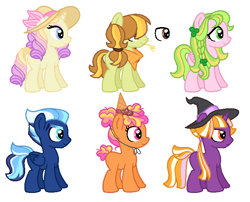 Size: 666x537 | Tagged: safe, artist:anutya, derpibooru import, oc, oc only, earth pony, pegasus, pony, unicorn, bandana, base used, female, hat, ice cream cone, magical lesbian spawn, male, mare, offspring, parent:applejack, parent:caramel, parent:cheese sandwich, parent:flash sentry, parent:fluttershy, parent:pinkie pie, parent:prince blueblood, parent:rainbow dash, parent:rarity, parent:soarin', parent:tree hugger, parent:twilight sparkle, parents:carajack, parents:cheesepie, parents:flashlight, parents:flutterhugger, parents:rariblood, parents:soarindash, simple background, stallion, straw in mouth, white background, witch hat