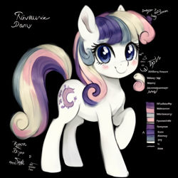 Size: 768x768 | Tagged: safe, derpibooru exclusive, derpibooru import, generator:purplesmart.ai, generator:stable diffusion, machine learning generated, oc, oc only, earth pony, pony, black background, blue eyes, blushing, earth pony oc, female, looking at you, mare, multicolored mane, raised hoof, raised leg, reference sheet, simple background, smiling, smiling at you, solo, standing, tail, white coat
