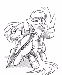 Size: 2500x3000 | Tagged: safe, artist:captainhoers, derpibooru import, oc, oc only, oc:atom smasher, pegasus, pony, duo, feather fingers, goggles, goggles on head, grayscale, looking at you, looking back, monochrome, simple background, smiling, smiling at you, tongue, tongue out, white background, wing gesture, wing hands, wings