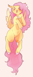 Size: 805x1876 | Tagged: safe, artist:kiychain, derpibooru import, fluttershy, pegasus, pony, beige background, blushing, butt wings, cute, eyes closed, female, mare, open mouth, open smile, shyabetes, simple background, smiling, solo, wings