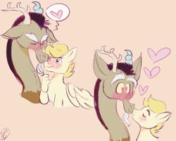 Size: 2048x1640 | Tagged: safe, artist:merbunny, derpibooru import, discord, oc, oc:exist, draconequus, griffequus, hippogriff, hybrid, pony, blushing, canon x oc, cute, duo, gay, heart, heart eyes, kissing, male, paws, shipping, simple background, wingding eyes, wings, yellow background