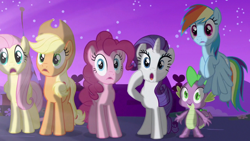 Size: 1280x720 | Tagged: safe, derpibooru import, applejack, fluttershy, pinkie pie, rainbow dash, rarity, spike, magical mystery cure, amazed, awe, glowing, light, mane five, night, stars