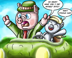 Size: 1280x1024 | Tagged: safe, artist:saburodaimando, derpibooru import, derpy hooves, pegasus, pig, pony, car, crossover, dialogue, duo, mr. frumble, scared, the busy world of richard scarry, varying degrees of amusement, varying degrees of want