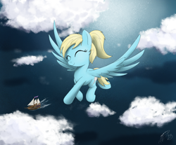 Size: 1302x1080 | Tagged: safe, artist:brisineo, derpibooru import, oc, oc only, oc:steam cloud, pegasus, pony, cloud, eyes closed, flying, ocean, ponytail, ship, signature, smiling, solo, water