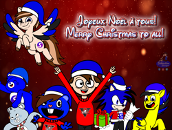 Size: 2048x1536 | Tagged: safe, artist:mrstheartist, artist:sebtheartist, oc, oc only, oc:ponyseb, human, pegasus, care bears, christmas, digital art, happy tree friends, looking at you, male, open mouth, sonic the hedgehog (series), text