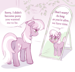 Size: 1290x1249 | Tagged: artist needed, safe, cheerilee, earth pony, pony, blank flank, butt, cheeribetes, cute, dialogue, drawthread, ears, female, filly, filly cheerilee, floppy ears, flower, flower in hair, foal, looking at each other, looking at someone, mare, mirror, open mouth, parody, plot, ponified, species swap, speech bubble, talking, younger
