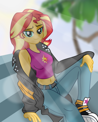 Size: 6480x8040 | Tagged: safe, artist:emeraldblast63, artist:patanu, derpibooru import, sunset shimmer, equestria girls, absurd resolution, bench, blurry background, clothes, converse, crepuscular rays, female, high res, jacket, looking at you, pants, shoes, sitting, smiling, solo, tanktop