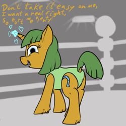 Size: 600x600 | Tagged: safe, artist:thebathwaterhero, derpibooru import, oc, oc only, oc:heel, pony, unicorn, arena, butt, clothes, cyoa:semantic error, dock, fight, fighter, horn, leotard, plot, tail, unicorn oc