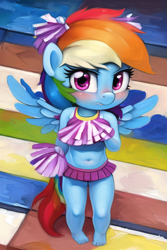 Size: 512x768 | Tagged: safe, generator:novelai, machine learning generated, rainbow dash, anthro, pegasus, age regression, barefoot, belly button, blushing, bow, breasts, cheerleader, delicious flat chest, embarrassed, female, hair bow, midriff, prompter:foal-harem, small breasts, solo, solo female, winged anthro, wings, younger