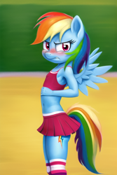 Size: 512x768 | Tagged: safe, generator:novelai, machine learning generated, rainbow dash, anthro, pegasus, age regression, angry, barefoot, belly button, blushing, bow, breasts, cheerleader, delicious flat chest, embarrassed, female, glare, hair bow, looking at you, midriff, panties, prompter:foal-harem, side view, small breasts, socks, solo, solo female, underwear, younger