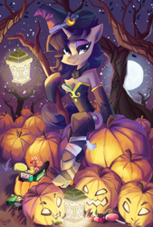 Size: 2765x4091 | Tagged: safe, artist:saxopi, derpibooru import, oc, oc only, oc:moonlit silver, semi-anthro, unicorn, bare tree, candy, candy cane, clothes, eyeshadow, food, halloween, hat, holiday, horn, jack-o-lantern, lantern, makeup, moon, night, nightmare night, pumpkin, solo, stars, tree, unicorn oc, witch, witch hat