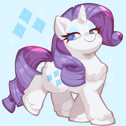 Size: 2000x2000 | Tagged: safe, artist:lumiville, artist:lumivillle, artist:pillowbunnies, derpibooru import, rarity, pony, unicorn, blue background, chest fluff, cute, diamonds, eyeshadow, female, high res, looking at you, makeup, mare, raised leg, raribetes, simple background, smiling, smiling at you, solo