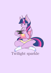 Size: 1423x2048 | Tagged: safe, artist:mscolorsplash, derpibooru import, twilight sparkle, twilight sparkle (alicorn), alicorn, anthro, plantigrade anthro, belly button, breasts, clothes, crossed legs, female, food, headlight sparkle, mare, midriff, mouth hold, nintendo switch, off shoulder, pocky, purple background, short shirt, shorts, simple background, sitting, socks, solo