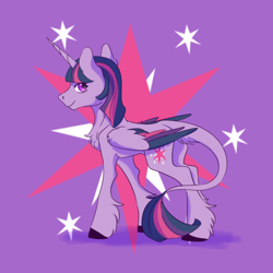 Size: 2000x2000 | Tagged: safe, artist:重度福瑞控患者, derpibooru import, twilight sparkle, twilight sparkle (alicorn), alicorn, pony, cutie mark background, female, leonine tail, mare, purple background, simple background, solo, tail