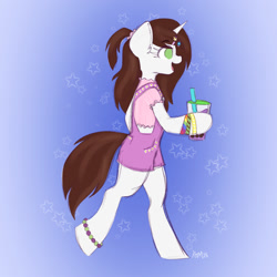 Size: 1500x1500 | Tagged: safe, artist:koa, derpibooru import, oc, oc only, semi-anthro, unicorn, clothes, dress, eyebrows, eyebrows visible through hair, mesh, open mouth, open smile, smiling, smoothie, solo