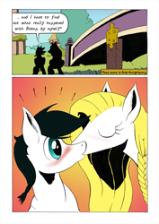 Size: 905x1280 | Tagged: safe, artist:darkhestur, derpibooru import, oc, oc:knight, oc:sigrid, earth pony, pegasus, pony, bridge, comic, kissing, panels, silhouette, speech bubble, tumblr comic