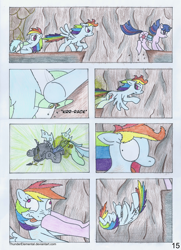 Size: 1600x2214 | Tagged: safe, artist:thunderelemental, derpibooru import, lyra heartstrings, rainbow dash, twilight sparkle, changeling, pegasus, pony, unicorn, comic:swarm rising, broken horn, bucking, comic, disguise, disguised changeling, horn