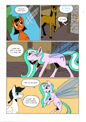 Size: 905x1280 | Tagged: safe, artist:darkhestur, derpibooru import, oc, oc:dark, oc:dustlight, oc:knight, oc:morro, earth pony, flutter pony, pegasus, pony, comic, interior, panels, speech bubble, tumblr comic