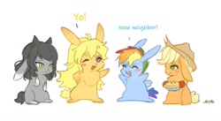 Size: 1200x658 | Tagged: safe, artist:卯卯七, derpibooru import, applejack, rainbow dash, rabbit, bunnified, food, pie, simple background, species swap, text, white background