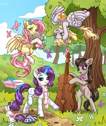 Size: 2856x3400 | Tagged: safe, artist:konejo, derpibooru import, angel bunny, derpy hooves, fluttershy, octavia melody, rarity, butterfly, pony, cello, chocolate, clothes, flower, flying, food, magic, musical instrument, scarf, socks, spring, striped socks, telekinesis