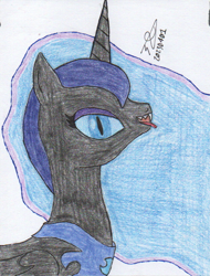 Size: 620x815 | Tagged: safe, artist:alejandrogmj, derpibooru import, nightmare moon, alicorn, pony, fangs, looking at you, missing accessory, tongue, tongue out, traditional art