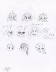 Size: 2552x3296 | Tagged: safe, artist:xyclone, derpibooru import, oc, oc:violet dawn, oc:xyclone, pony, unicorn, asriel dreemurr, fangs, sans (undertale), signature, toriel, traditional art, undertale, undyne