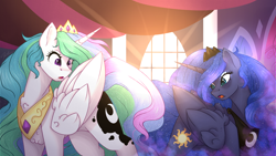 Size: 1920x1080 | Tagged: safe, artist:magical-wings06, derpibooru import, princess celestia, princess luna, alicorn, pony, a royal problem, cutie mark swap, duo, female, looking back, mare, open mouth, royal sisters, scene interpretation, siblings, sisters, swapped cutie marks